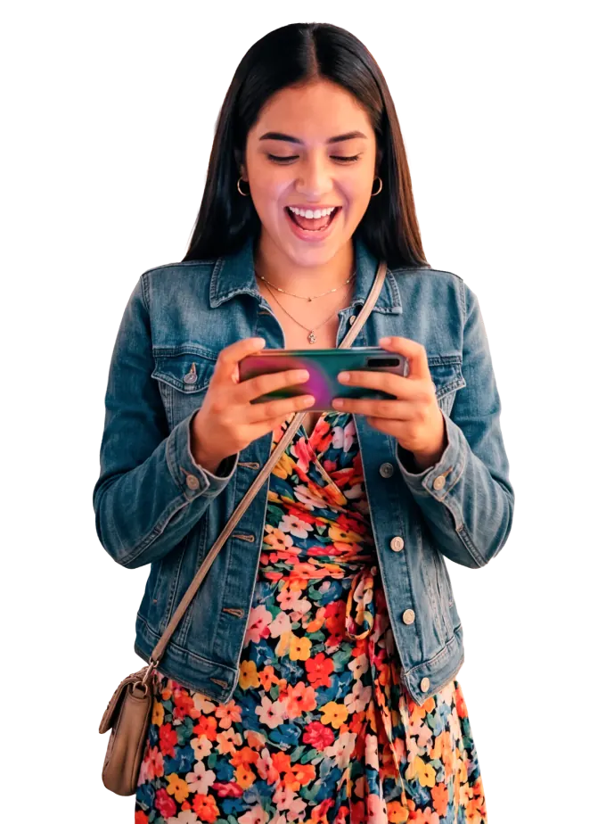 Mujer feliz usando su celular